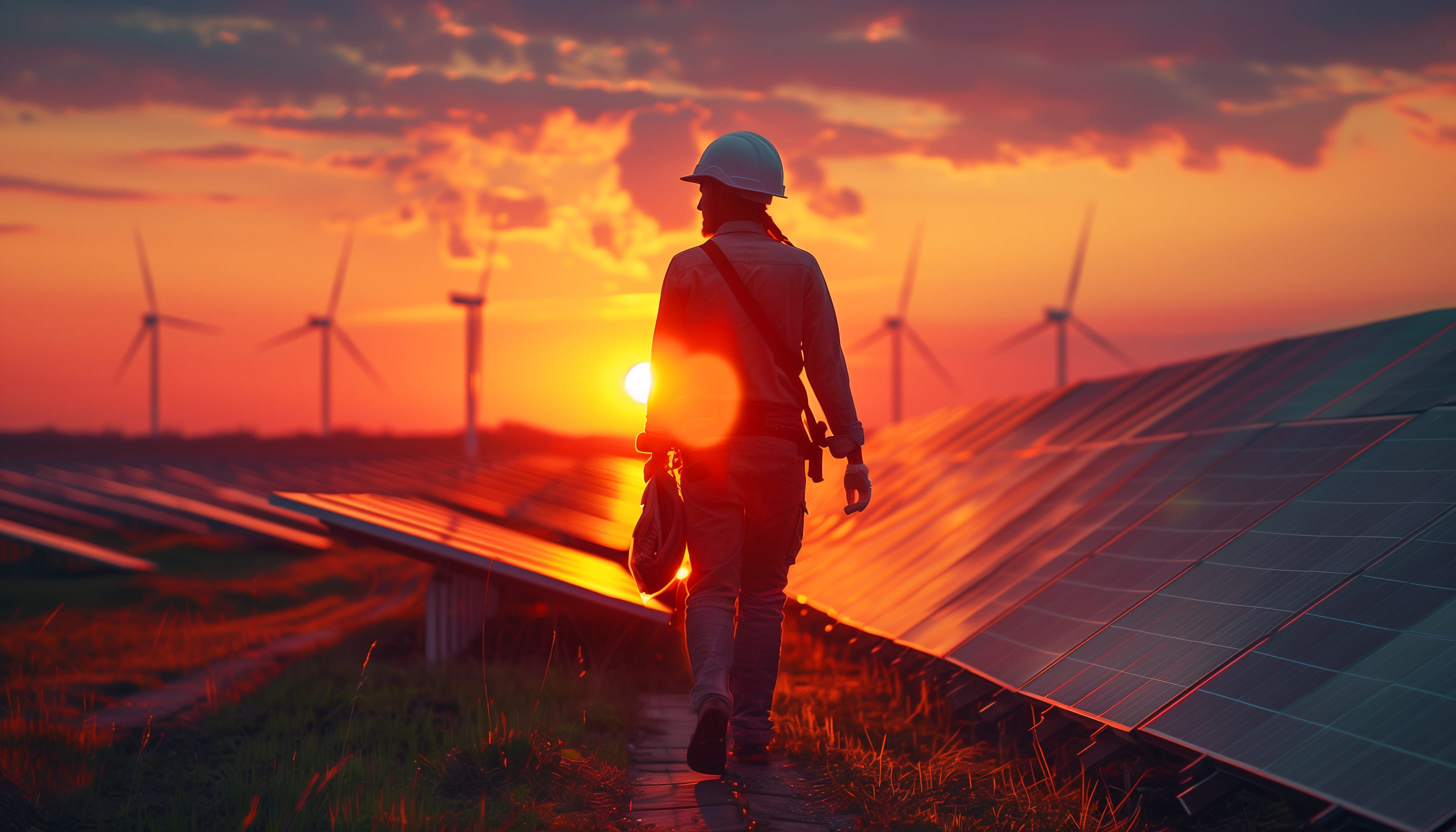 Technician Walking in Solar Farm at Sunset (1)